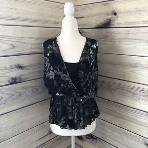 Express Floral Black Peplum Wrap Tank Blouse XS